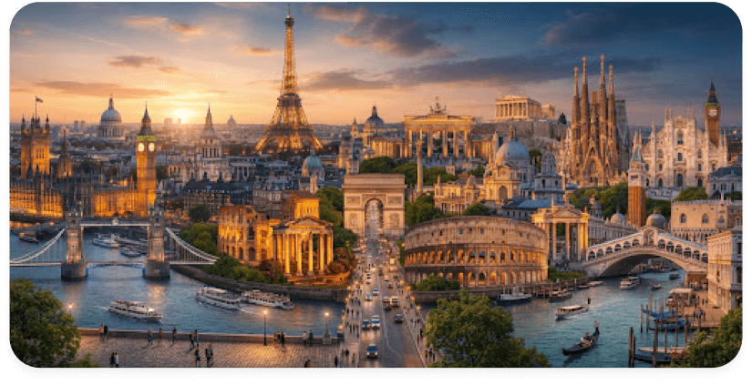 European city at dusk