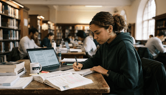 Student studying in a library