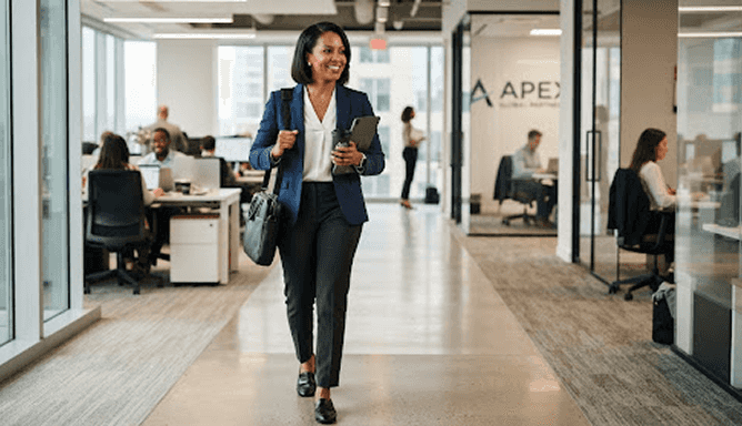 Business professional walking in an office